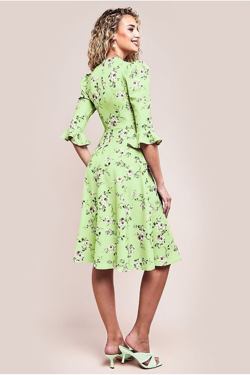Floral Printed Flared Sleeve Midi - Sage Green by Goddiva