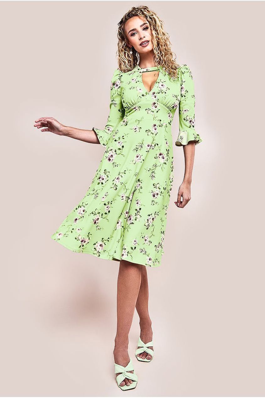 Floral Printed Flared Sleeve Midi - Sage Green by Goddiva