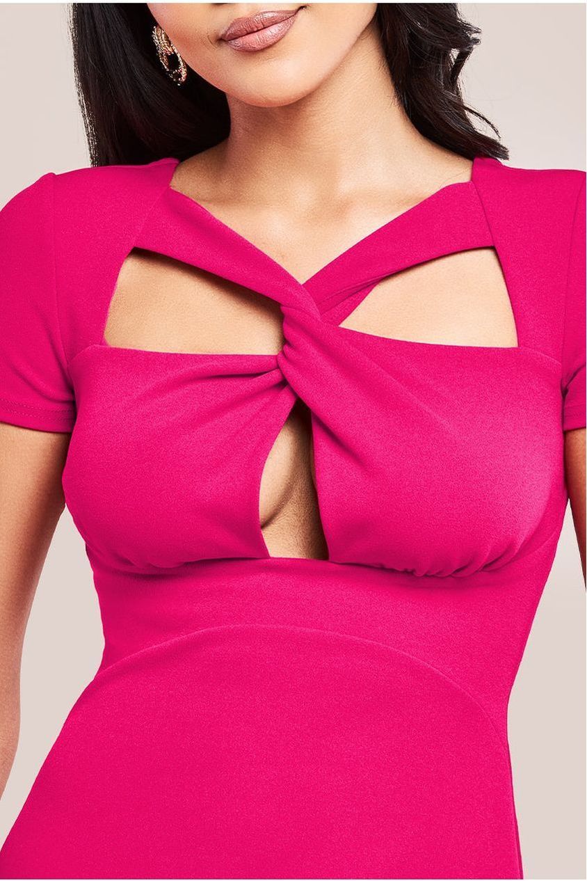 Scuba Crepe Twist Cutout Midi Dress - Hot Pink by Goddiva