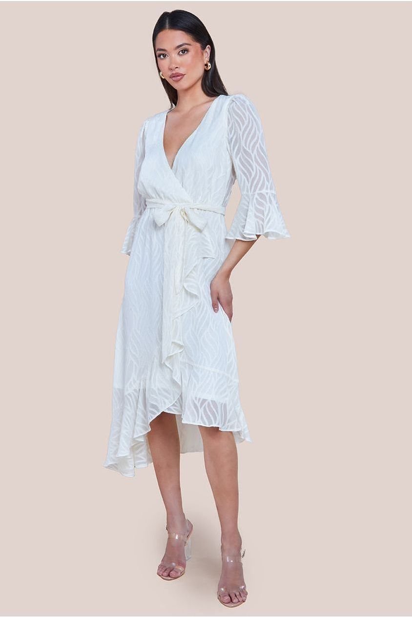 Chiffon Geo-Wave Front Frill Wrap Midi Dress - Cream by Goddiva