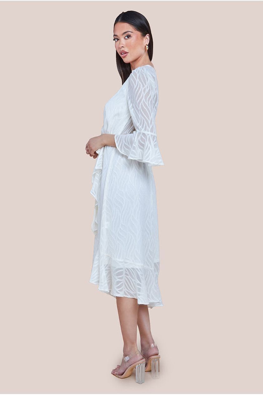 Chiffon Geo-Wave Front Frill Wrap Midi Dress - Cream by Goddiva