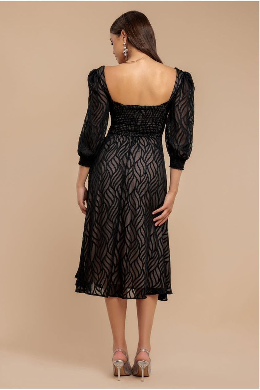 Puff Sleeve Side Slit Flared Jacquard Chiffon Midi Dress - Black by Goddiva