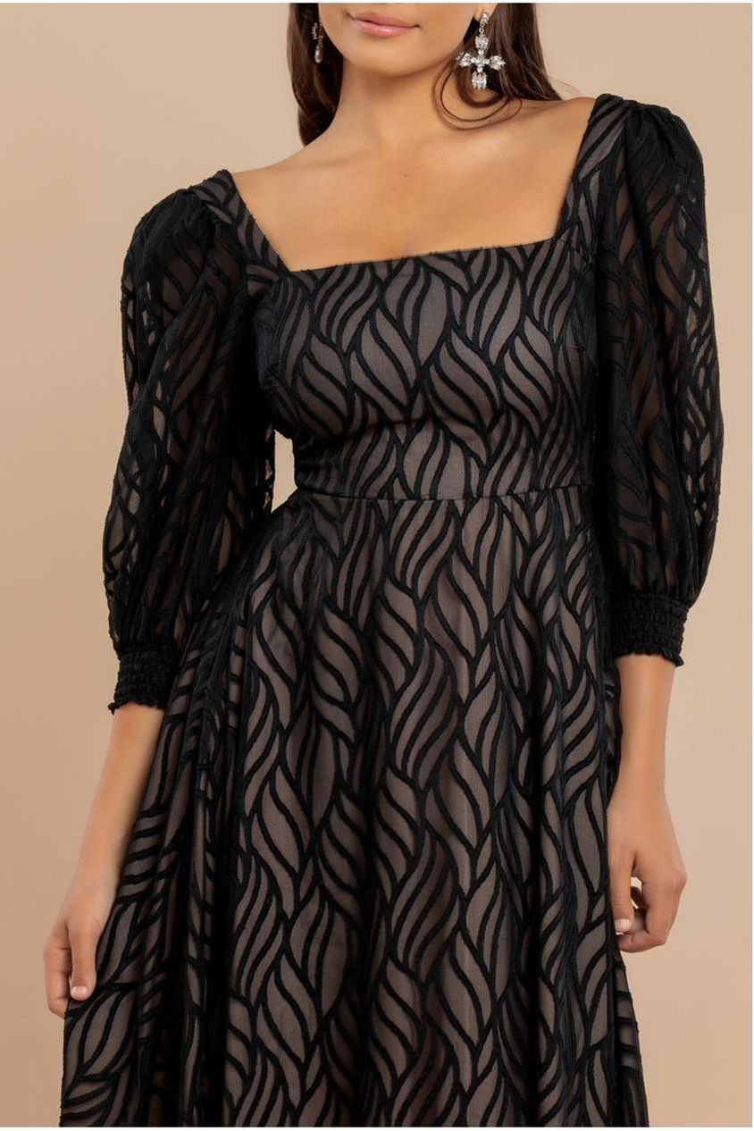 Puff Sleeve Side Slit Flared Jacquard Chiffon Midi Dress - Black by Goddiva