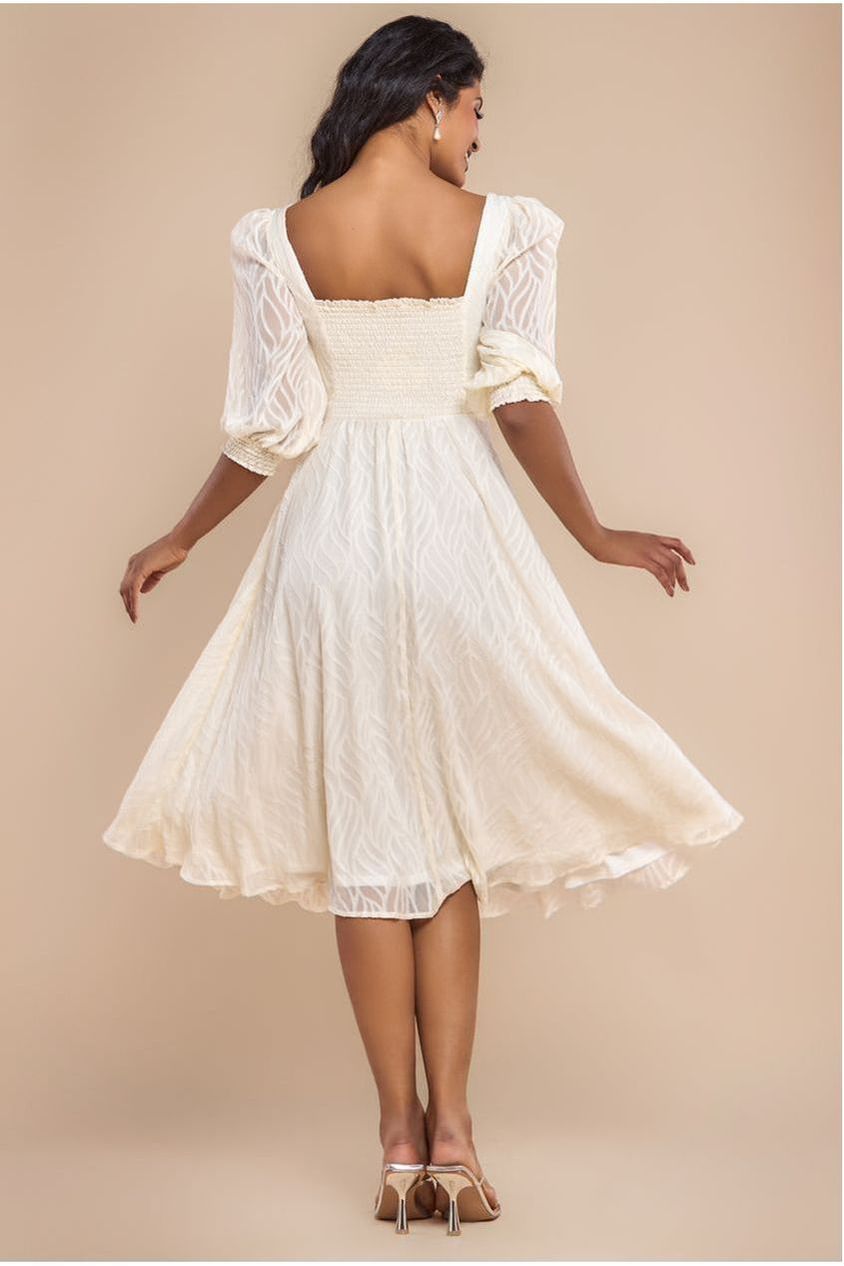 Puff Sleeve Side Slit Flared Jacquard Chiffon Midi Dress - Cream by Goddiva