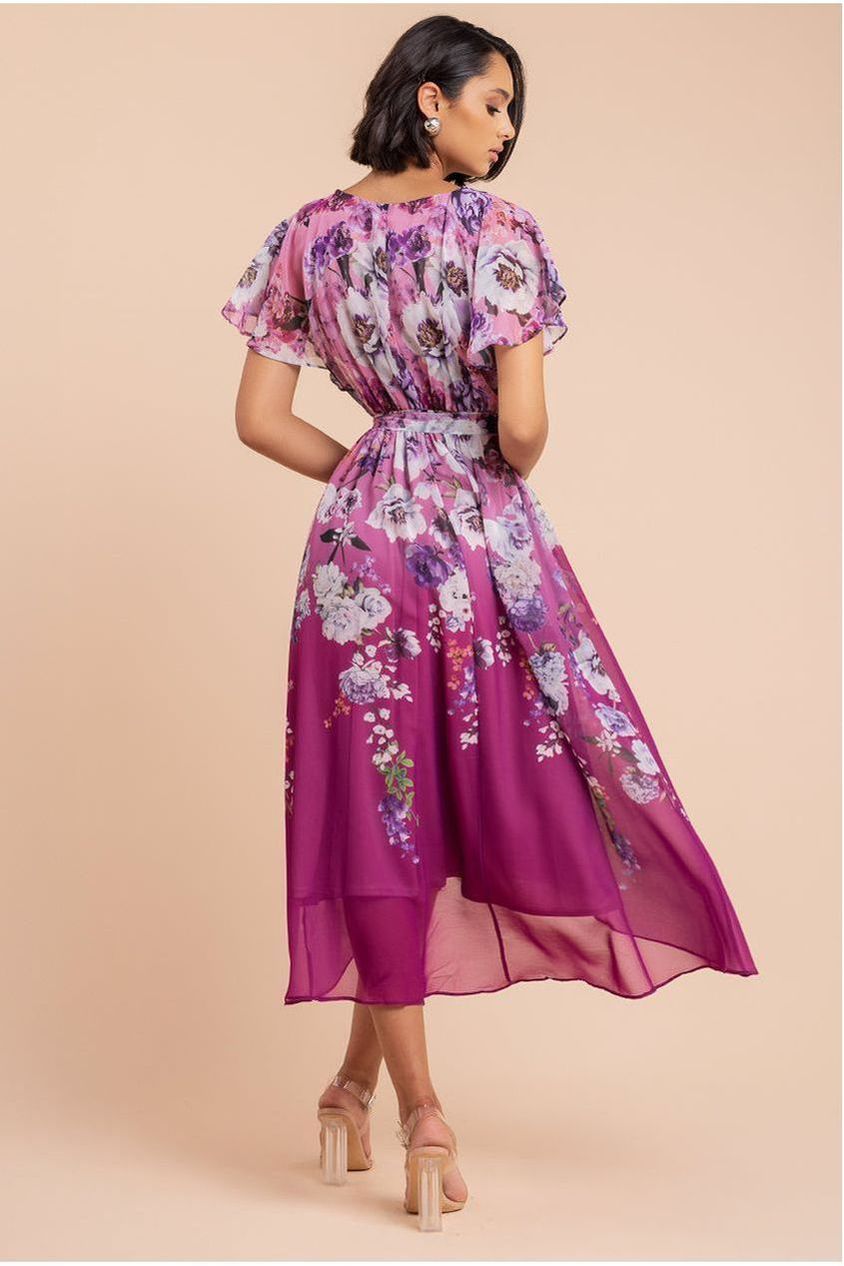 Flutter Sleeve A-Line Chiffon Floral Printed Midi Dress - Magenta by Goddiva
