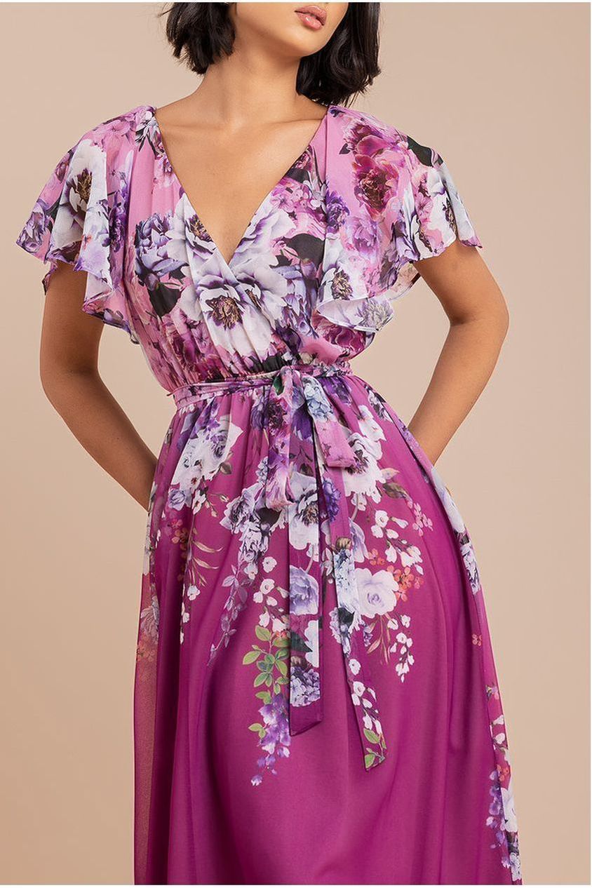 Flutter Sleeve A-Line Chiffon Floral Printed Midi Dress - Magenta by Goddiva