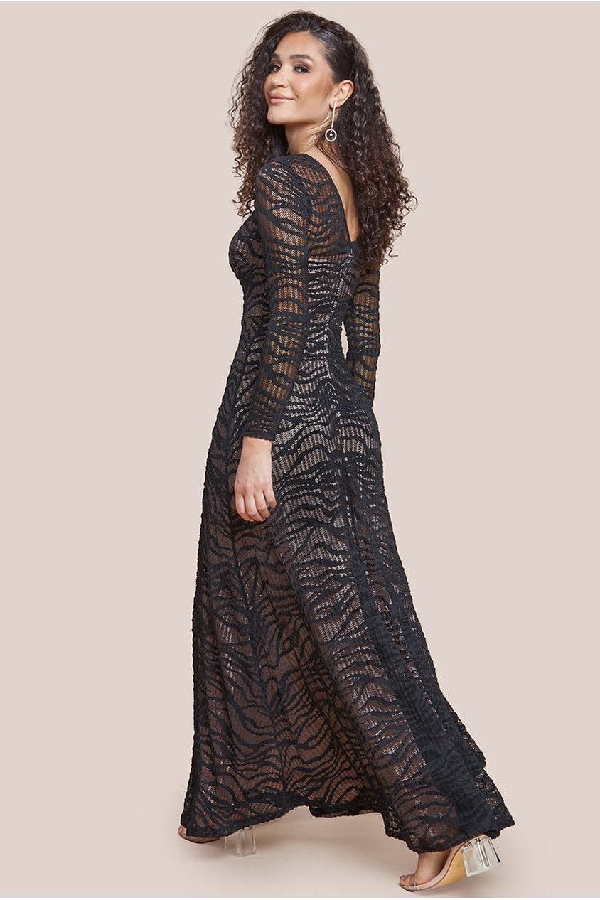 Geo Wave Flare Skirt Long Sleeve Maxi Dress - Black by Goddiva
