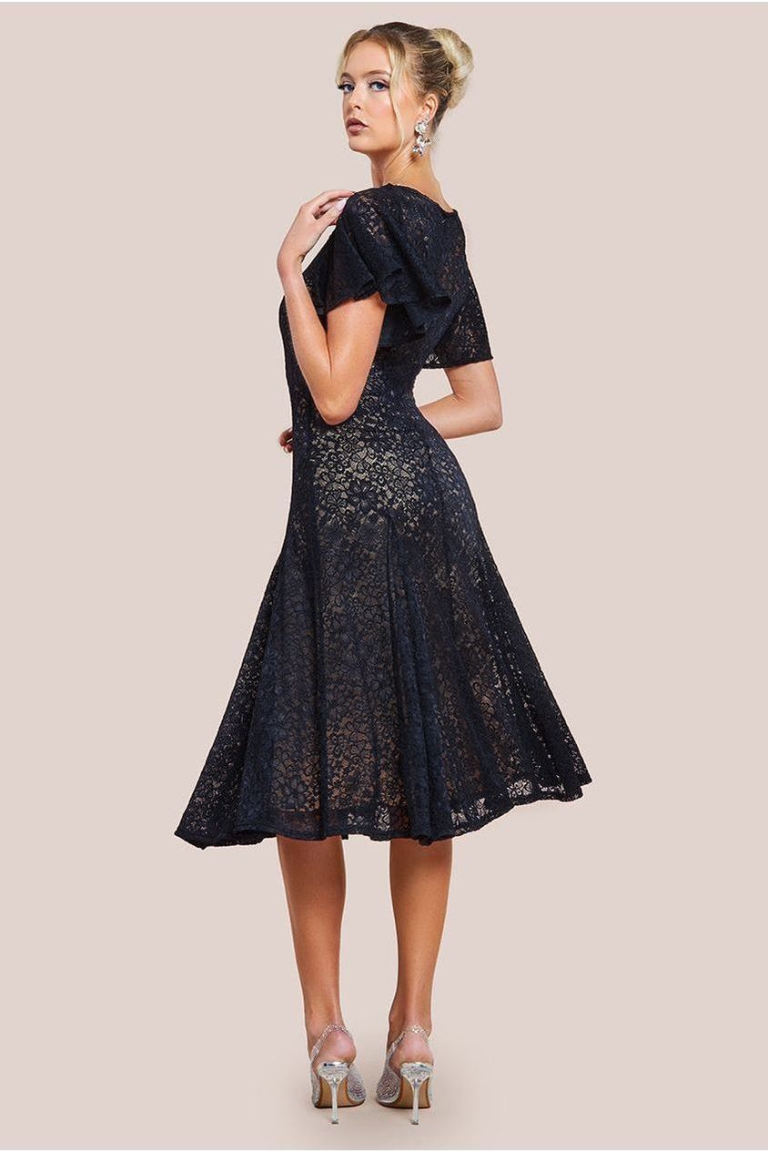 Flutter Sleeve Lace A-Line Midi Dress - Black by Goddiva