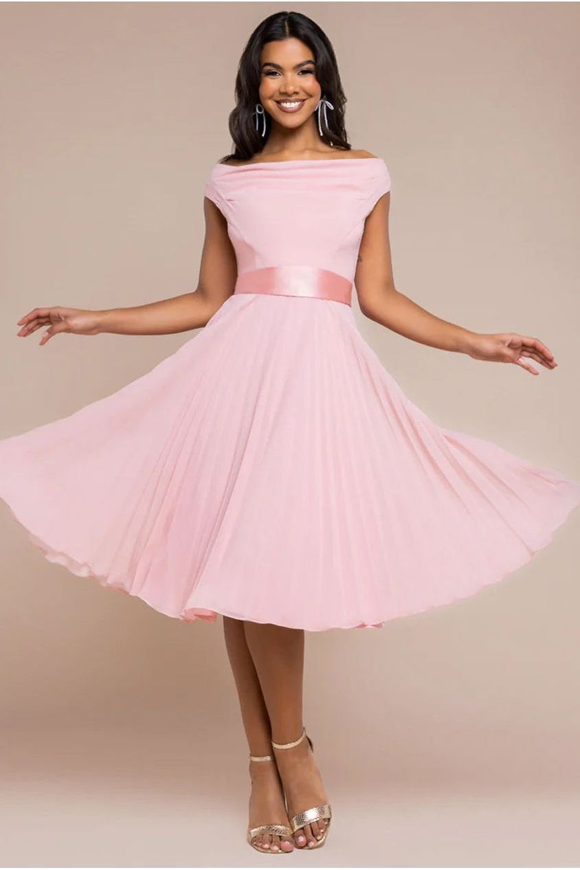 Cowl Neck Pleated A-Line Chiffon Midi Dress - Blush Pink by Goddiva
