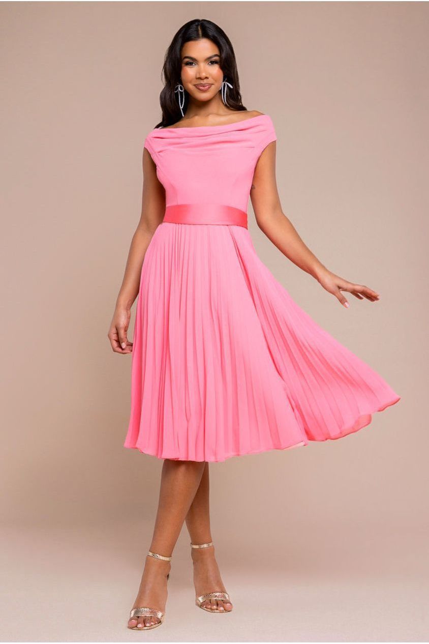 Cowl Neck Pleated A-Line Chiffon Midi Dress - Coral by Goddiva