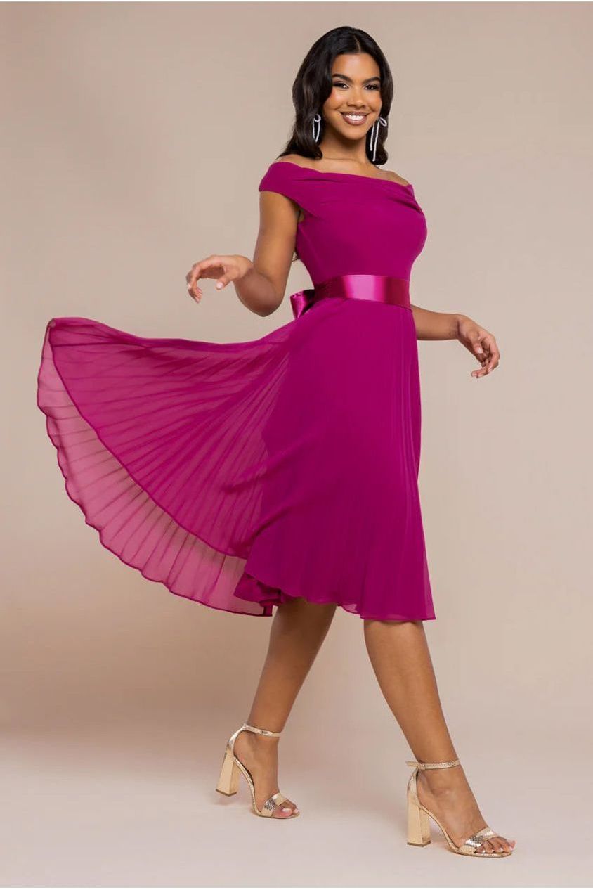 Cowl Neck Pleated A-Line Chiffon Midi Dress - Magenta by Goddiva