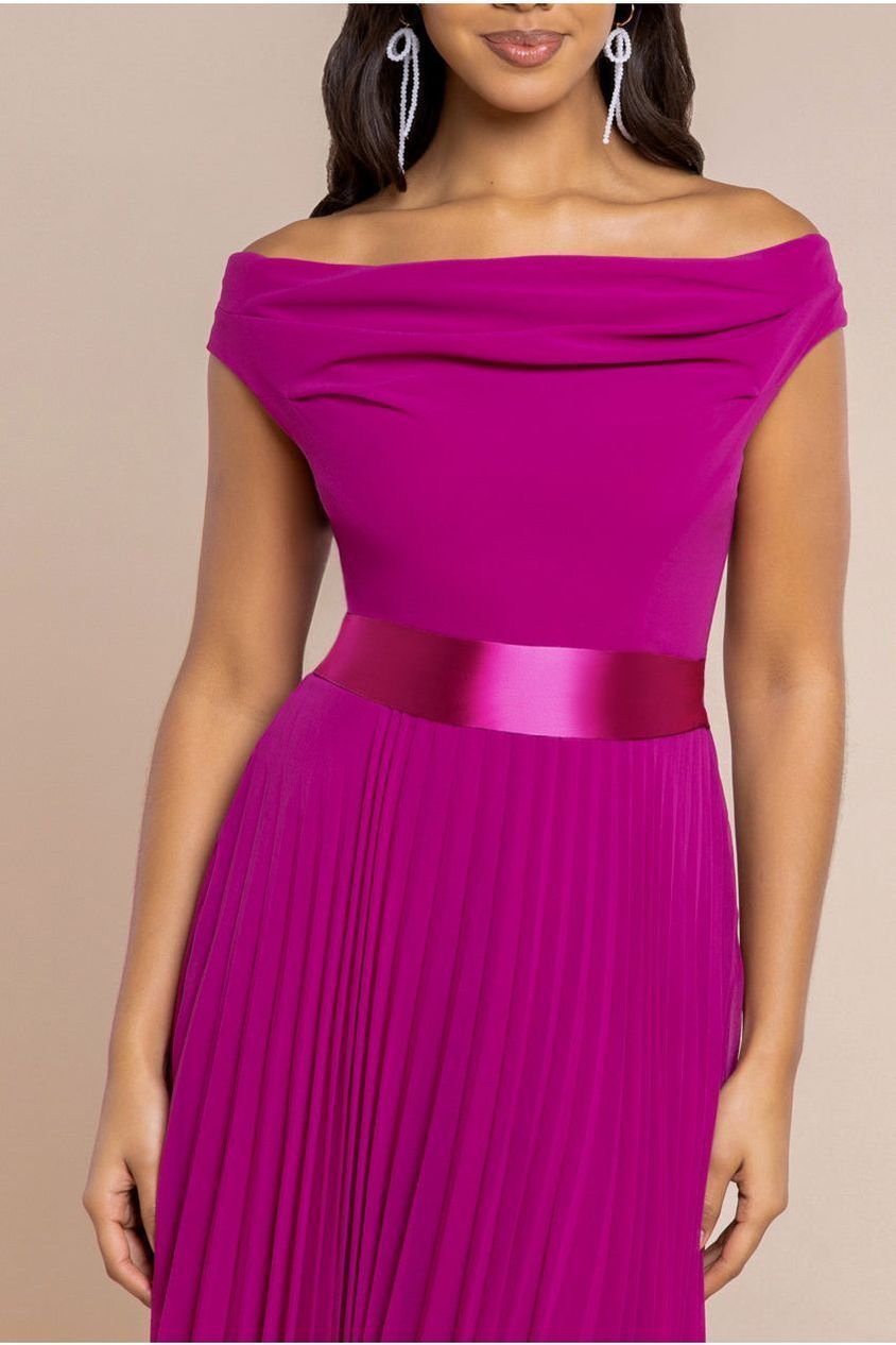 Cowl Neck Pleated A-Line Chiffon Midi Dress - Magenta by Goddiva