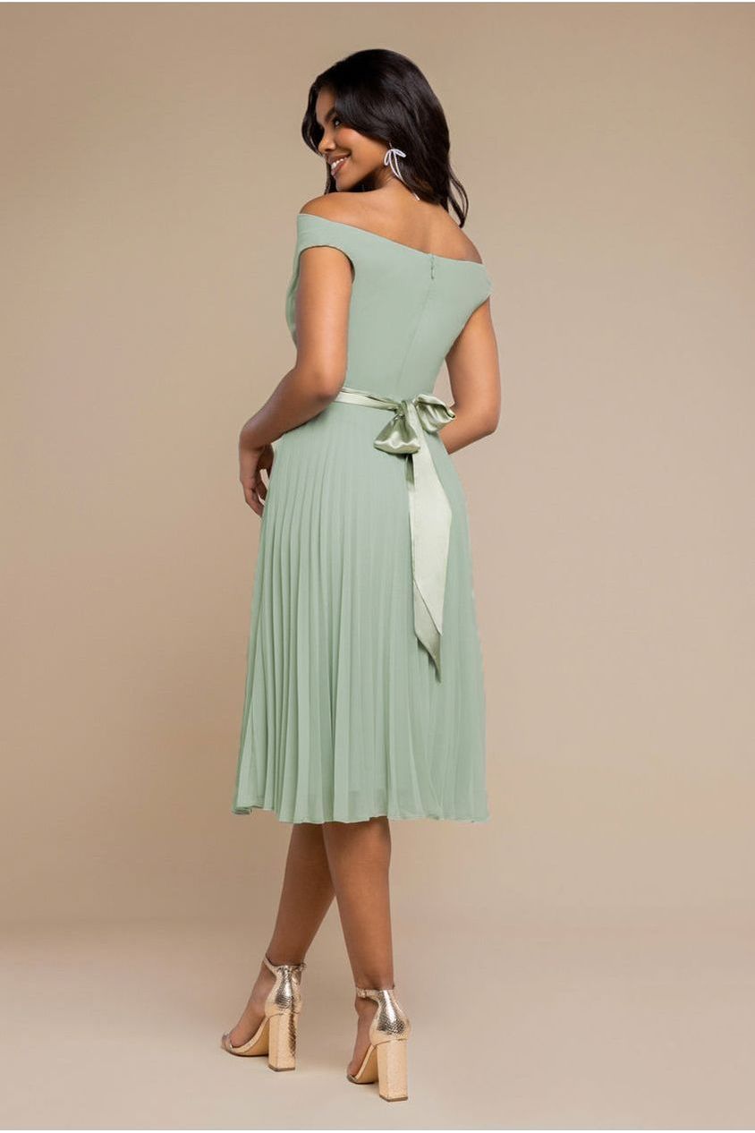 Cowl Neck Pleated A-Line Chiffon Midi Dress - Sage Green by Goddiva