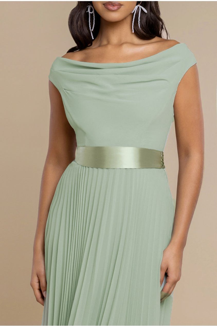 Cowl Neck Pleated A-Line Chiffon Midi Dress - Sage Green by Goddiva
