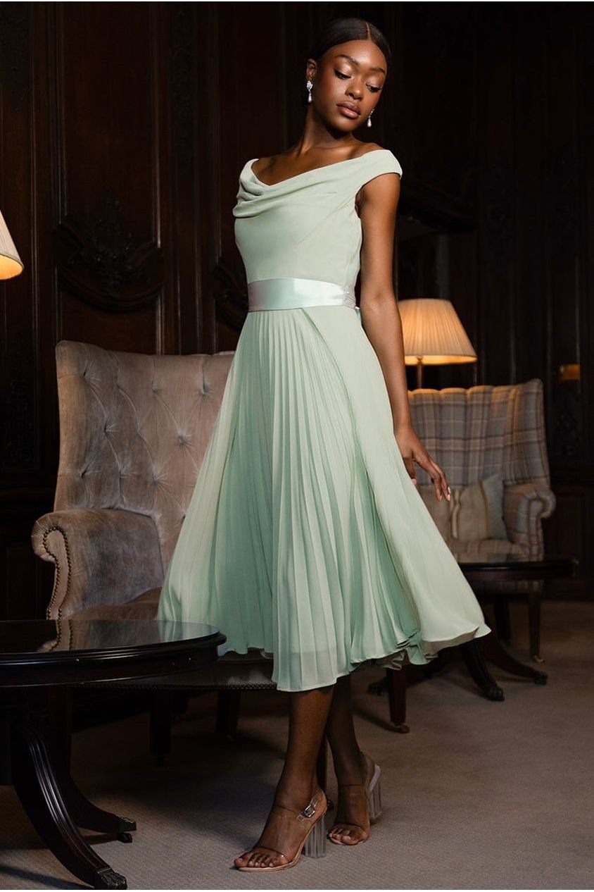 Cowl Neck Pleated A-Line Chiffon Midi Dress - Sage Green by Goddiva