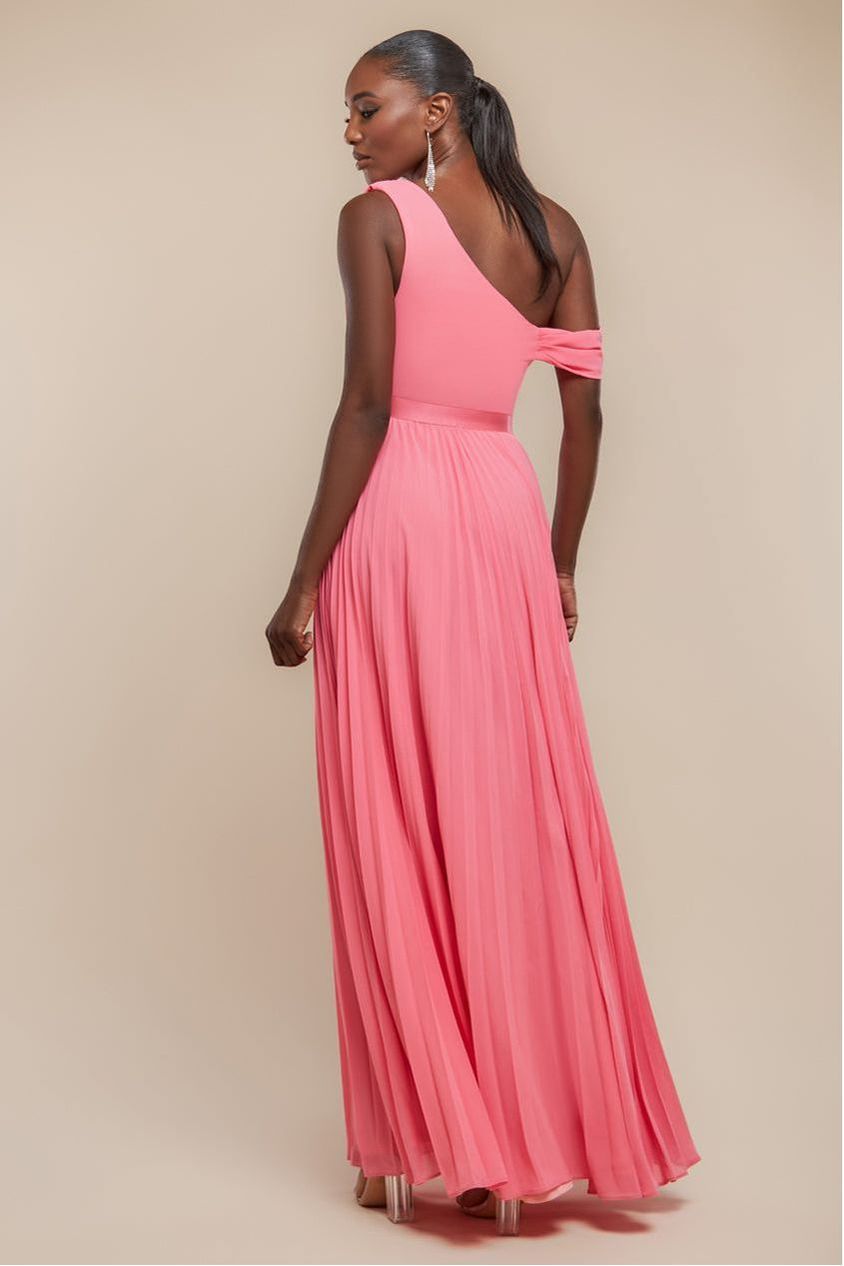 Cowl Neck One Shoulder A Line Chiffon Maxi Dress - Coral by Goddiva