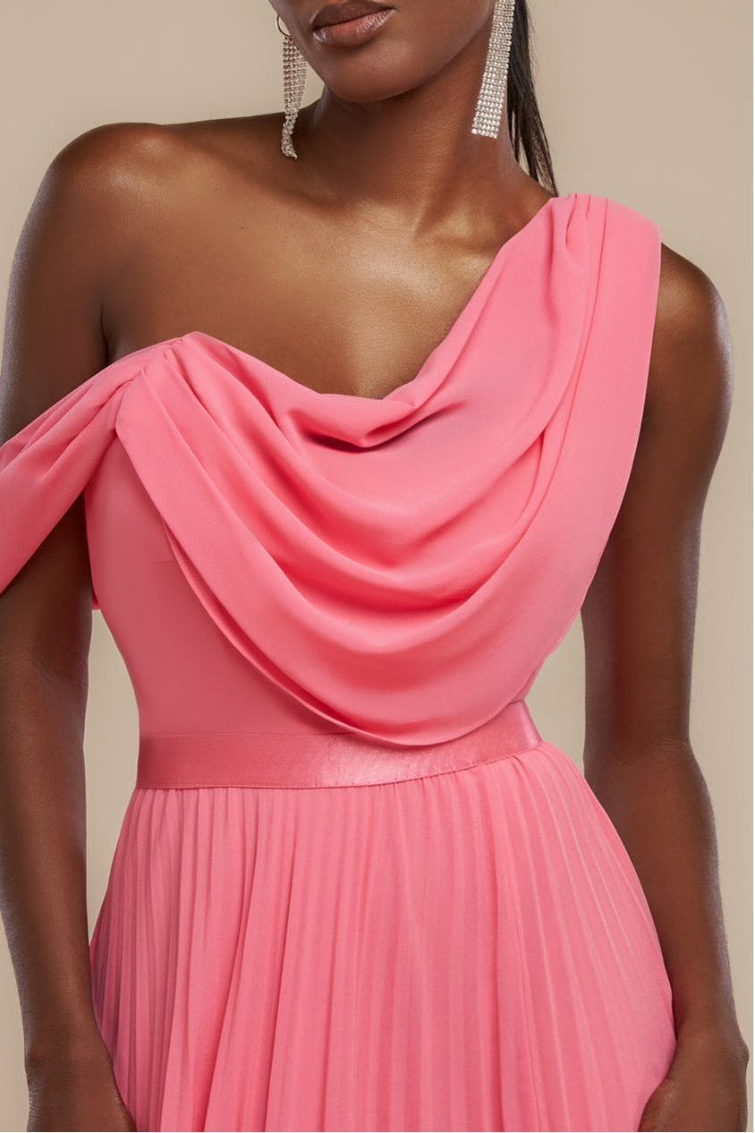 Cowl Neck One Shoulder A Line Chiffon Maxi Dress - Coral by Goddiva
