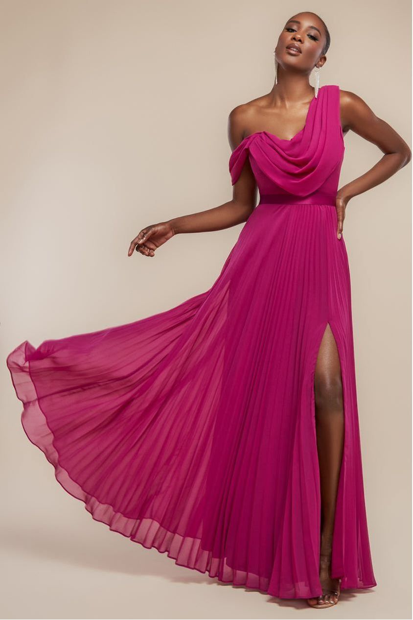Cowl Neck One Shoulder A Line Chiffon Maxi Dress - Magenta by Goddiva