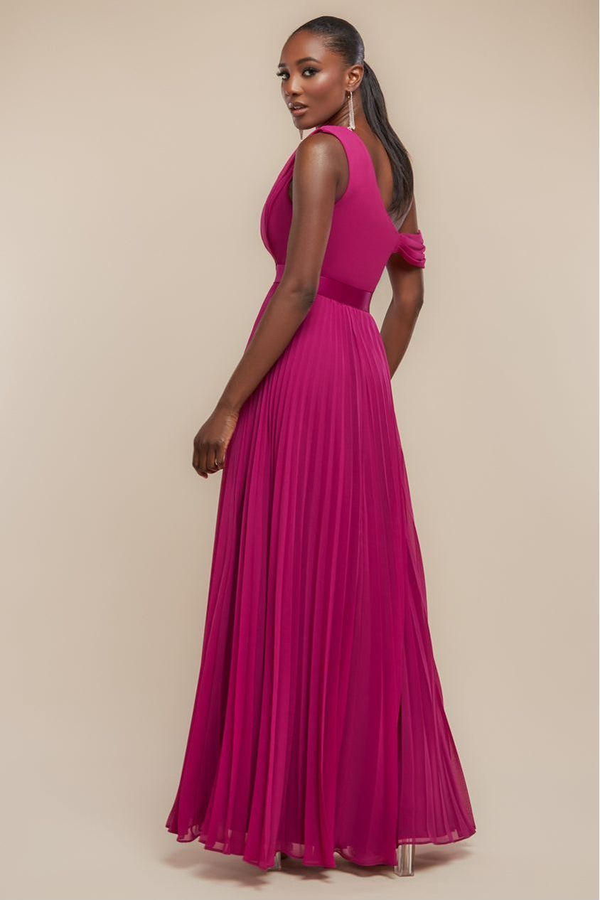 Cowl Neck One Shoulder A Line Chiffon Maxi Dress - Magenta by Goddiva
