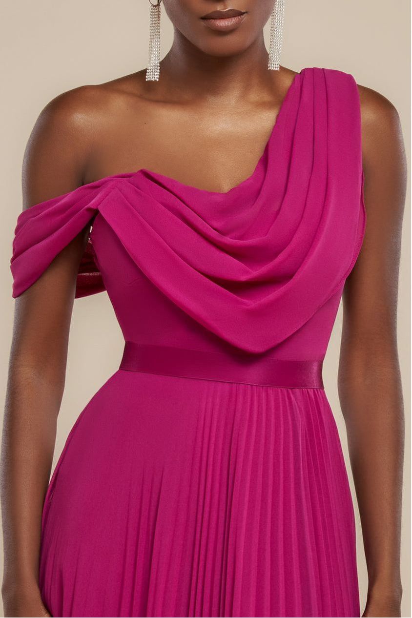 Cowl Neck One Shoulder A Line Chiffon Maxi Dress - Magenta by Goddiva