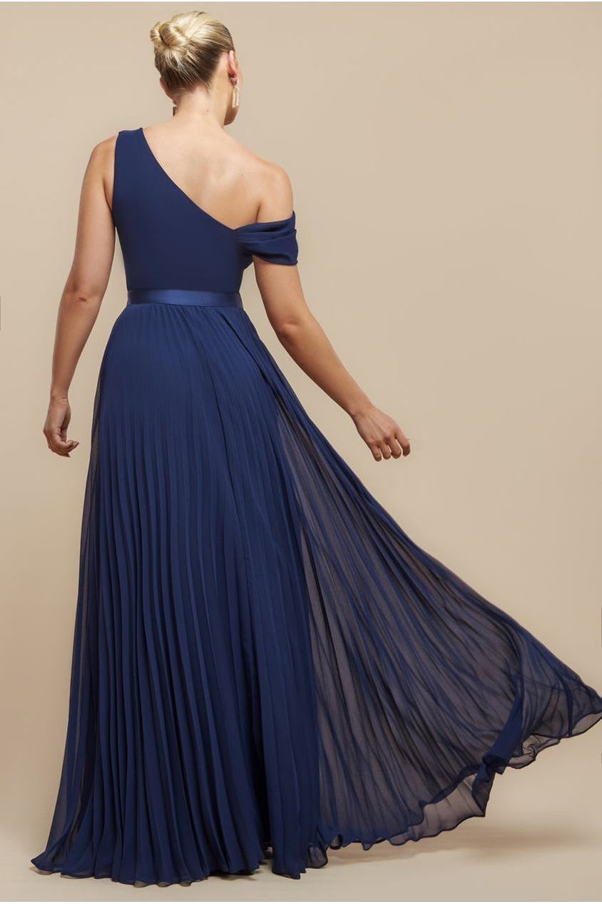 Cowl Neck One Shoulder A Line Chiffon Maxi Dress - Navy Blue by Goddiva