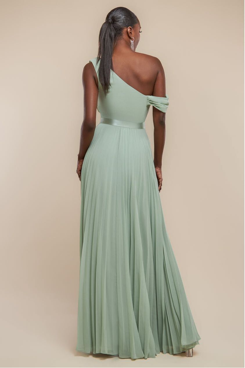 Cowl Neck One Shoulder A Line Chiffon Maxi Dress - Sage Green by Goddiva