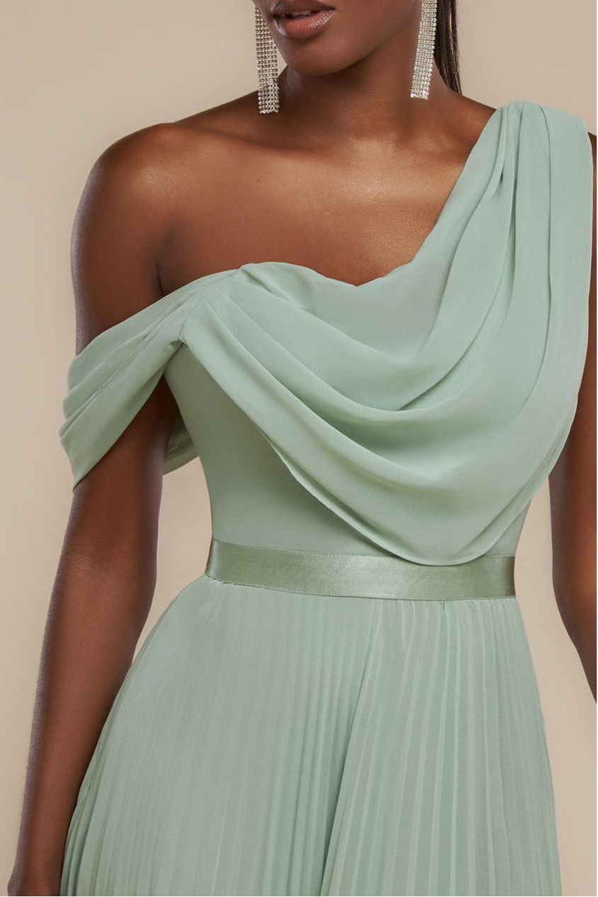 Cowl Neck One Shoulder A Line Chiffon Maxi Dress - Sage Green by Goddiva