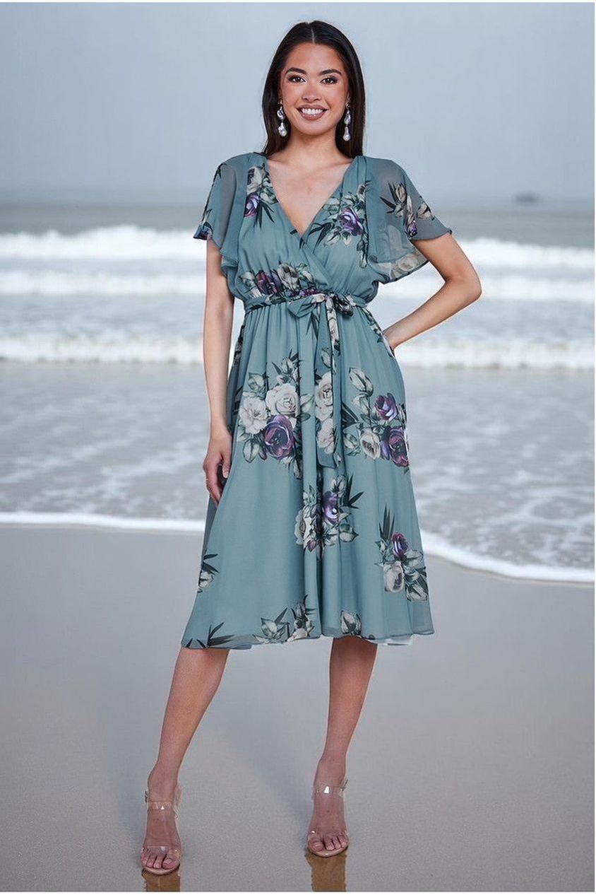 Floral Printed Flutter Sleeve Chiffon Midi Dress - Airforce Blue by Goddiva