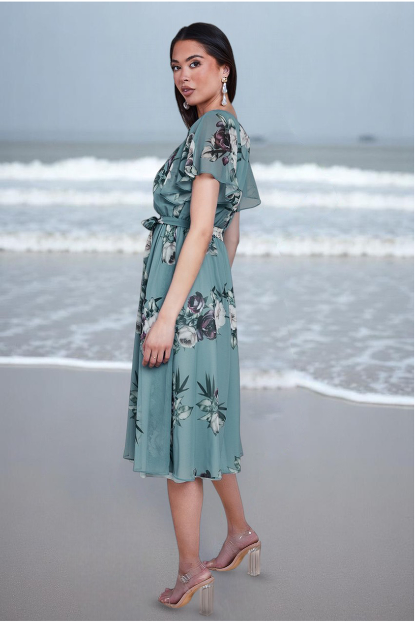 Floral Printed Flutter Sleeve Chiffon Midi Dress - Airforce Blue by Goddiva