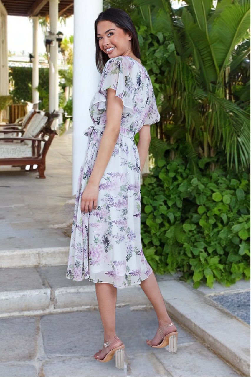 Floral Printed Flutter Sleeve Chiffon Midi Dress - Cream by Goddiva