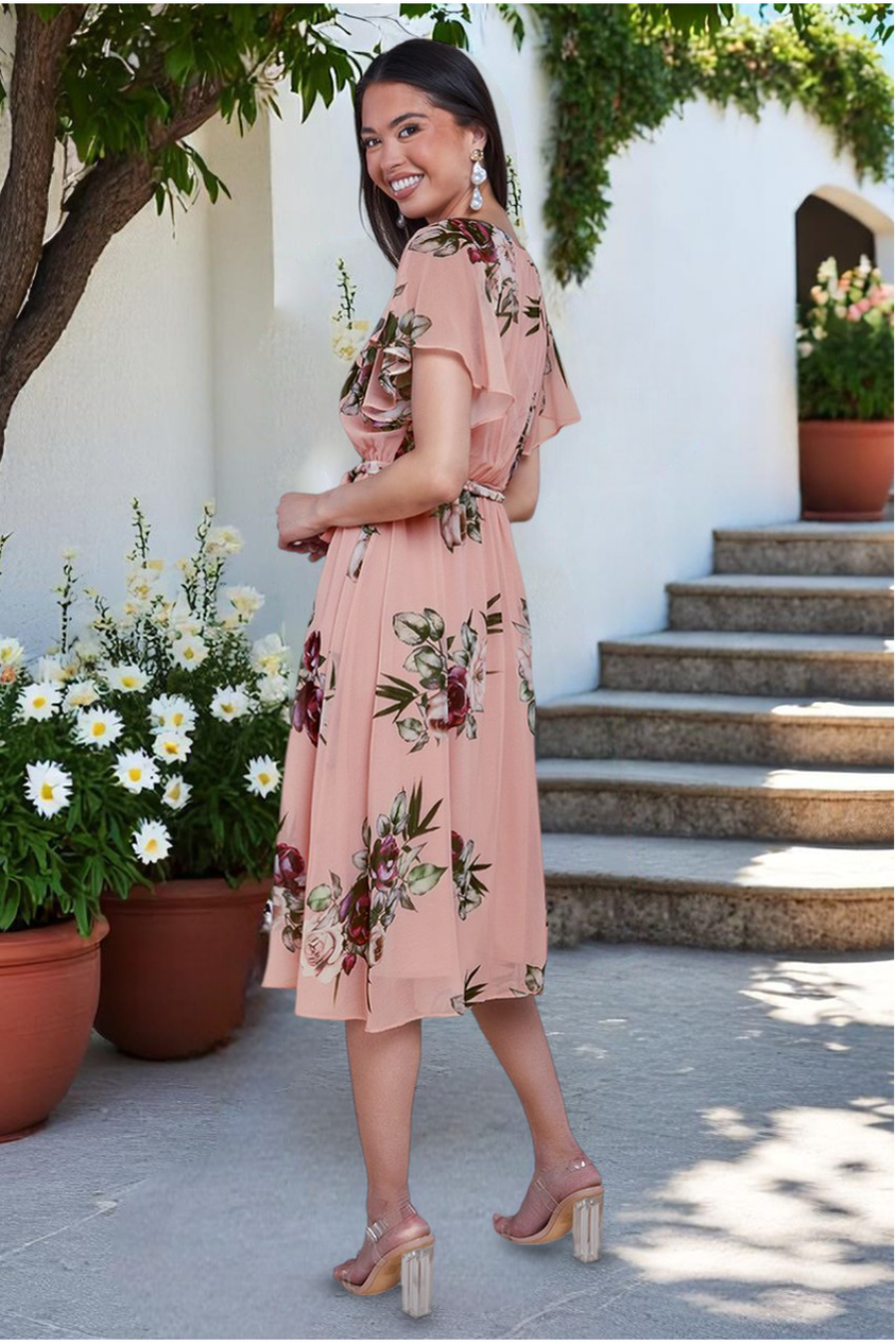 Floral Printed Flutter Sleeve Chiffon Midi Dress - Peach by Goddiva