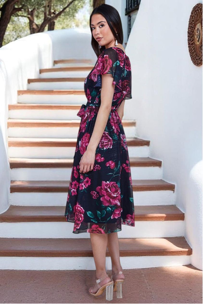 Printed Lurex A-Line Flutter Sleeve Midi Dress - Black by Goddiva