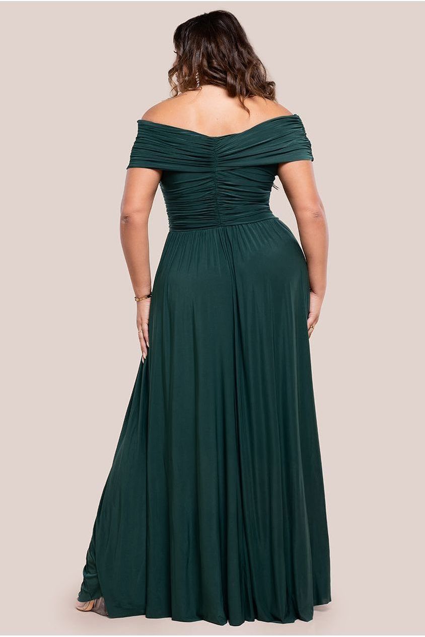 Gathered Bardot Bodice Front Split Maxi Dress - Emerald Green by Goddiva Plus