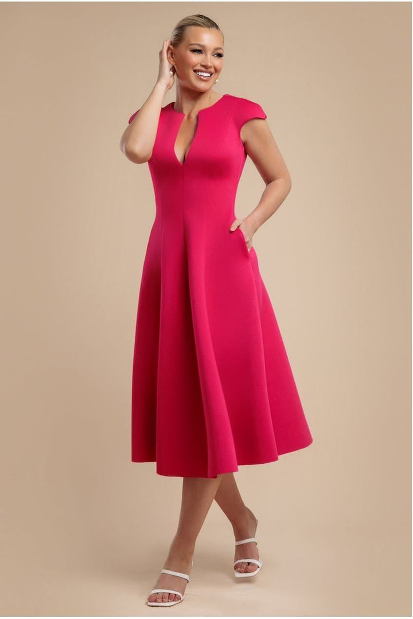 Cap Sleeve Plunging V-Neckline A-line Midi Dress - Magenta by Goddiva