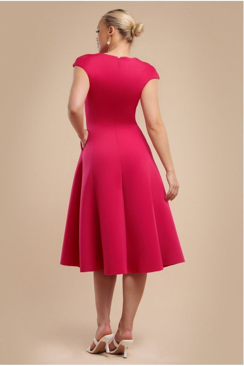 Cap Sleeve Plunging V-Neckline A-line Midi Dress - Magenta by Goddiva