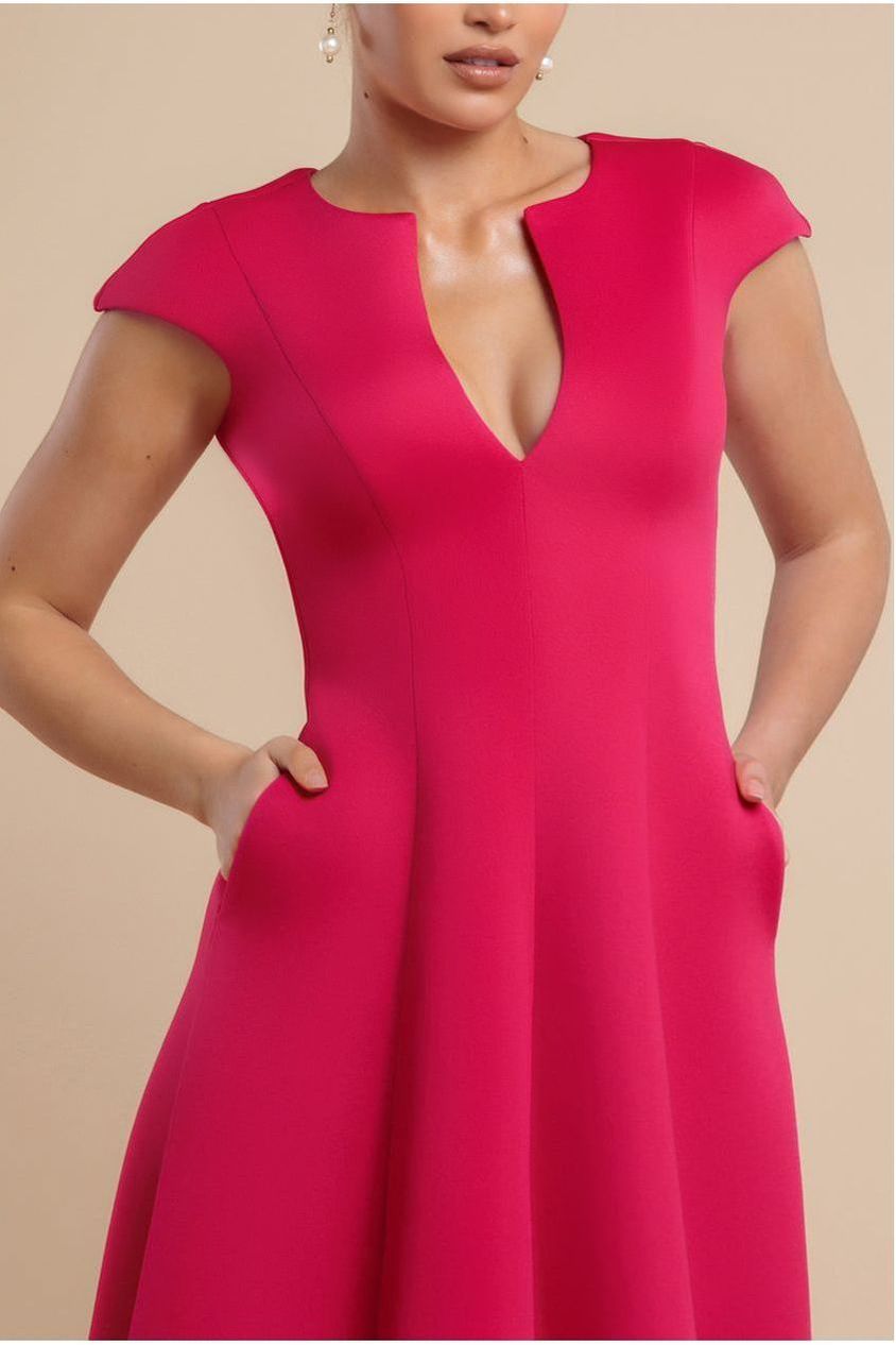 Cap Sleeve Plunging V-Neckline A-line Midi Dress - Magenta by Goddiva