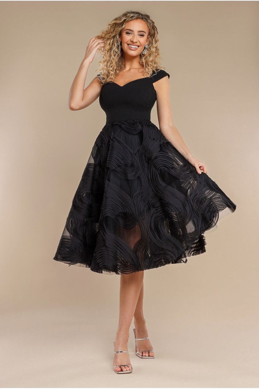 Scuba & Textured Chiffon A Line Midi Dress - Black by Goddiva