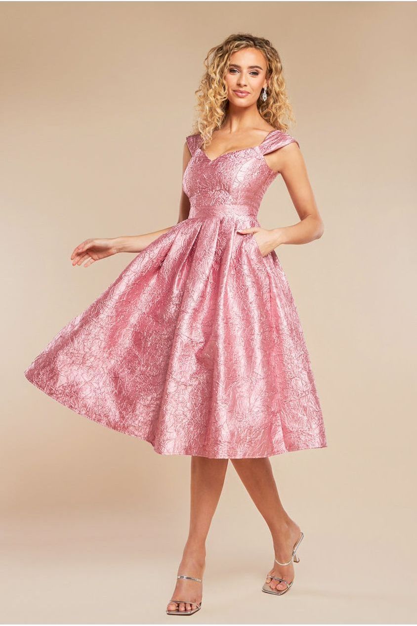 Crushed Satin Sleeveless A Line Midi Dress - Blush Pink by Goddiva