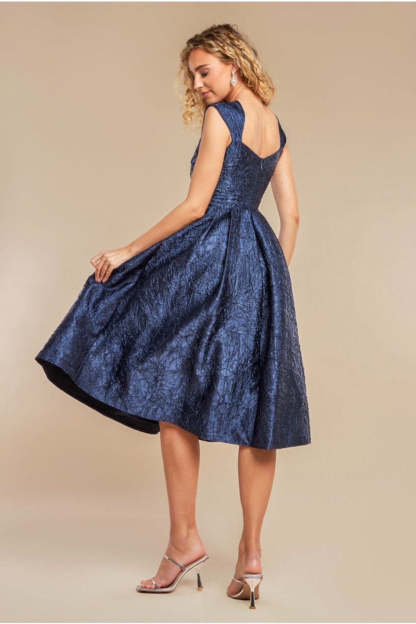 Crushed Satin Sleeveless A Line Midi Dress - Navy Blue by Goddiva
