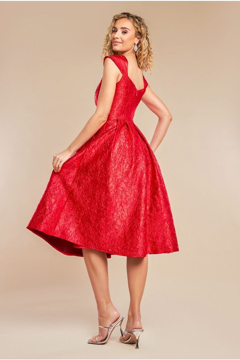 Crushed Satin Sleeveless A Line Midi Dress - Red by Goddiva