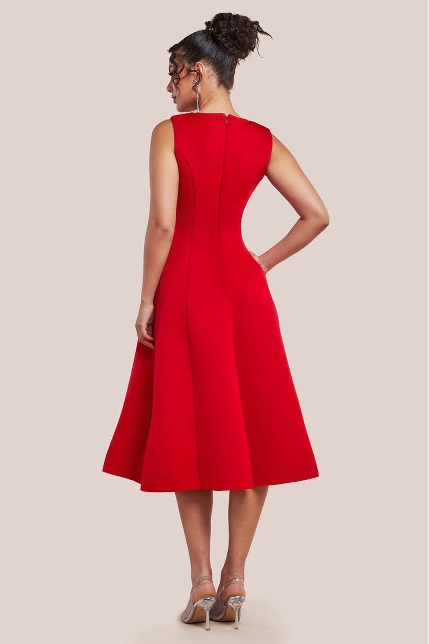 Diamante Embellished Neck A-Line Midi Dress - Red by Goddiva