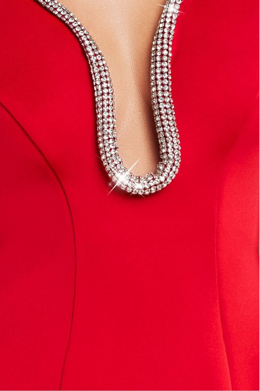 Diamante Embellished Neck A-Line Midi Dress - Red by Goddiva
