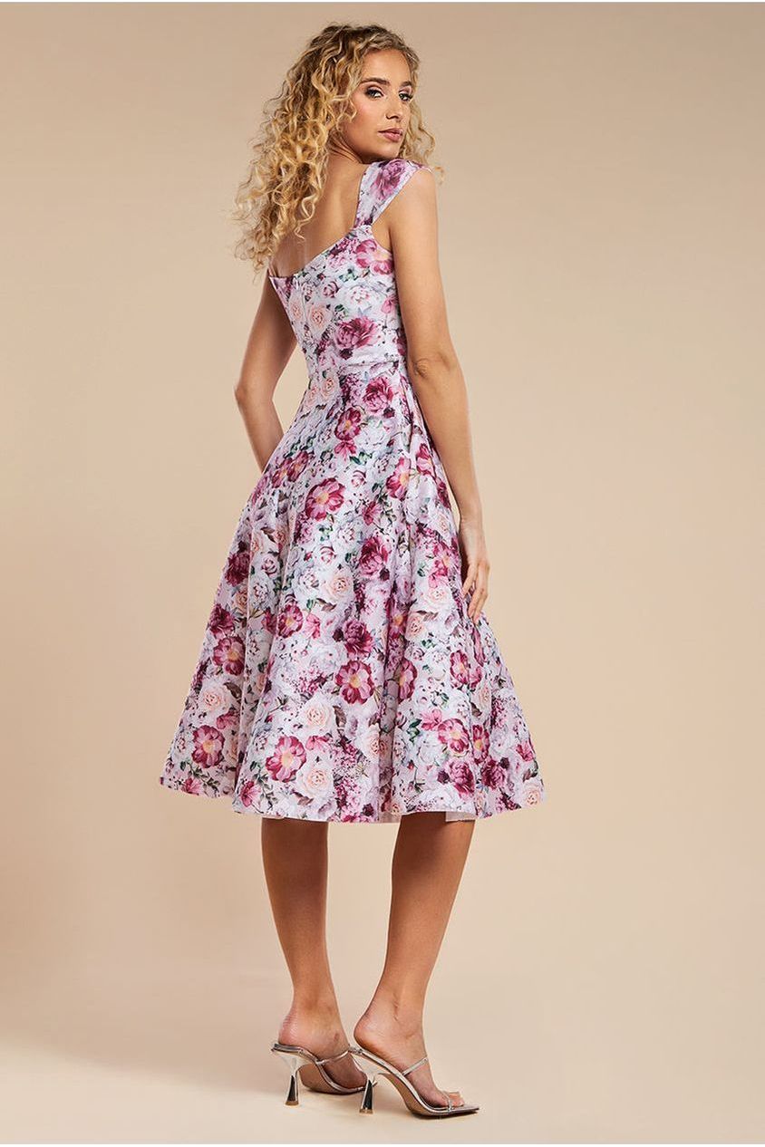 Floral Print A-Line Sweetheart Midi Dress - Blush Pink by Goddiva