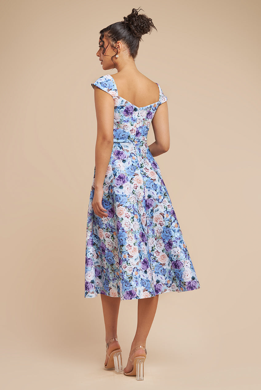 Floral Print A-Line Sweetheart Midi Dress - Powder Blue by Goddiva