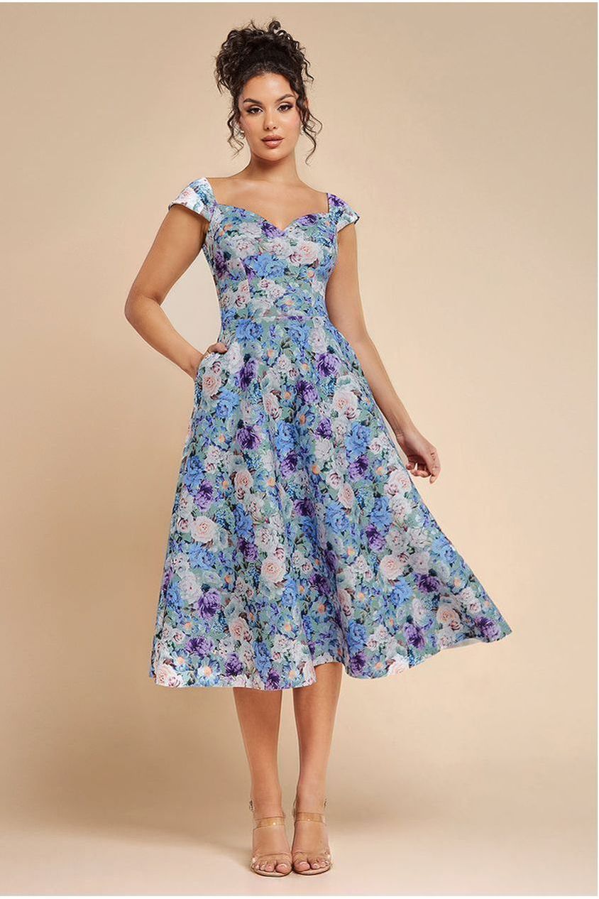 Floral Print A-Line Sweetheart Midi Dress - Sage Green by Goddiva