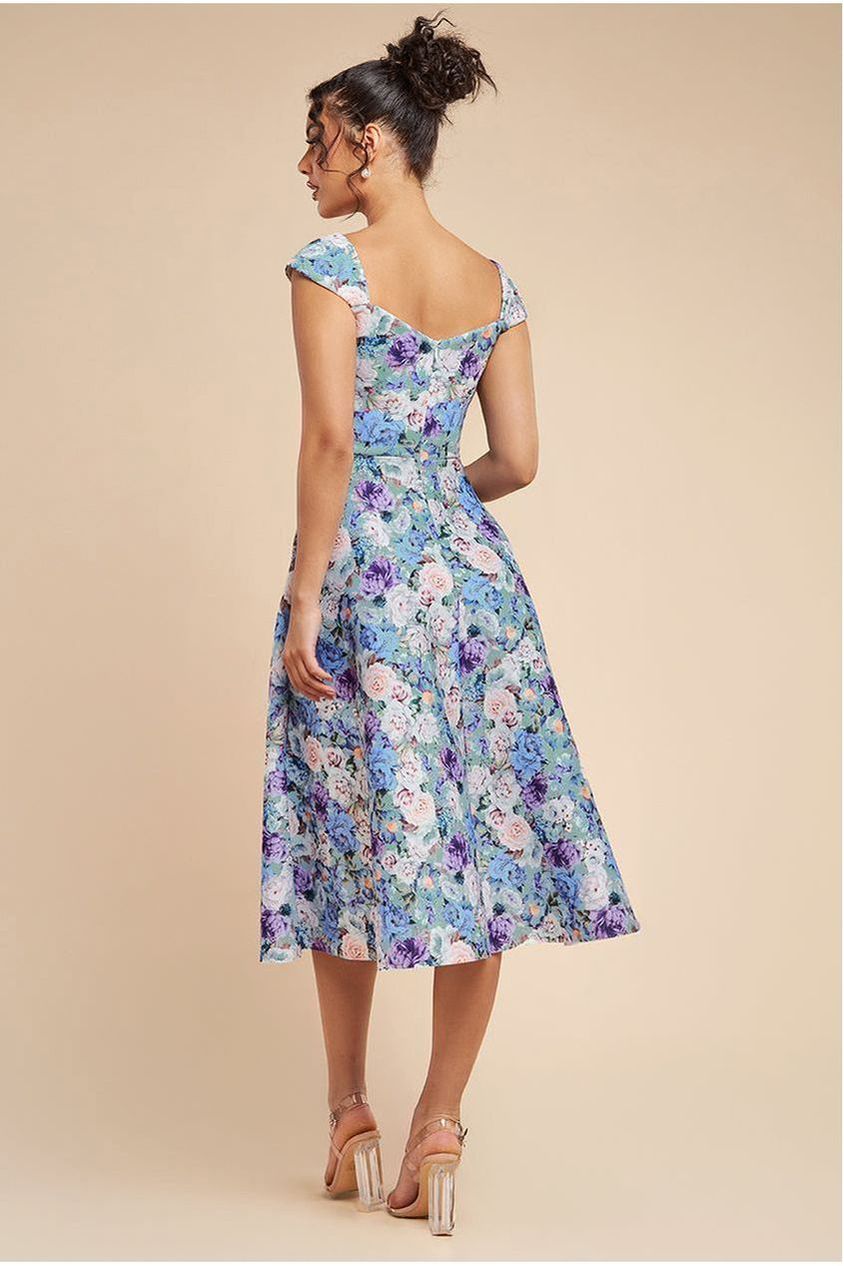 Floral Print A-Line Sweetheart Midi Dress - Sage Green by Goddiva