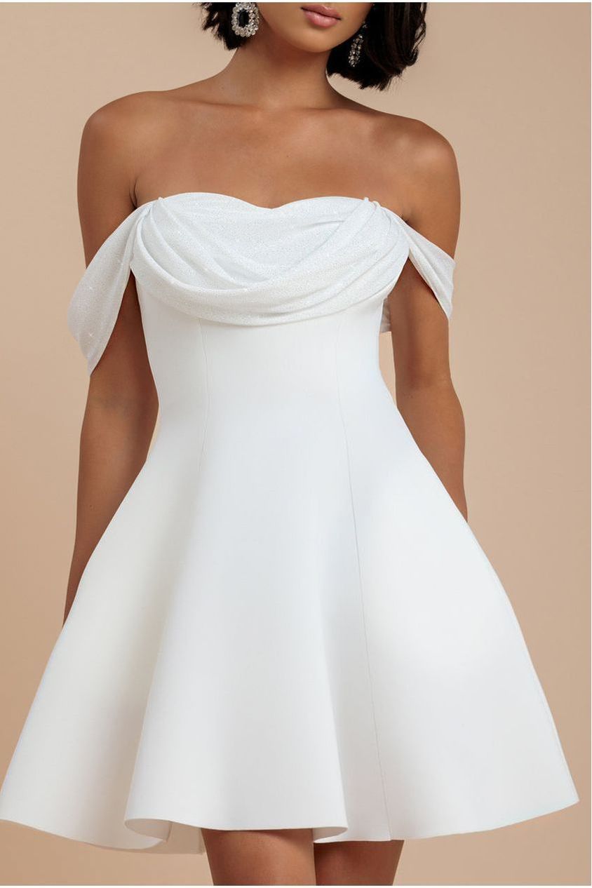 Sparkle Chiffon Cowl Bardot Skater Mini Dress - Cream by Goddiva