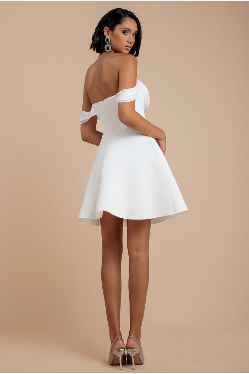 Sparkle Chiffon Cowl Bardot Skater Mini Dress - Cream by Goddiva