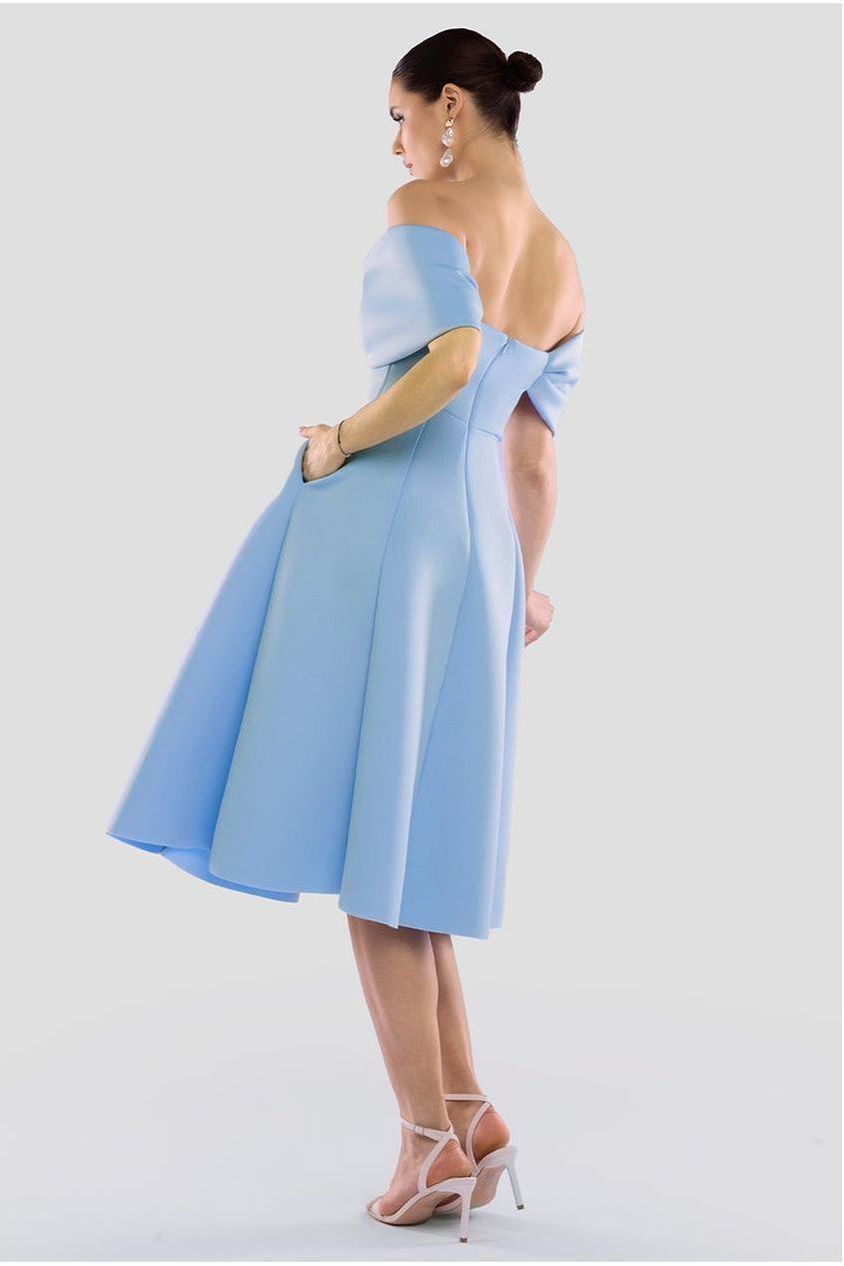 Bow Off The Shoulder A Line Midi Dress - Baby Blue by Goddiva