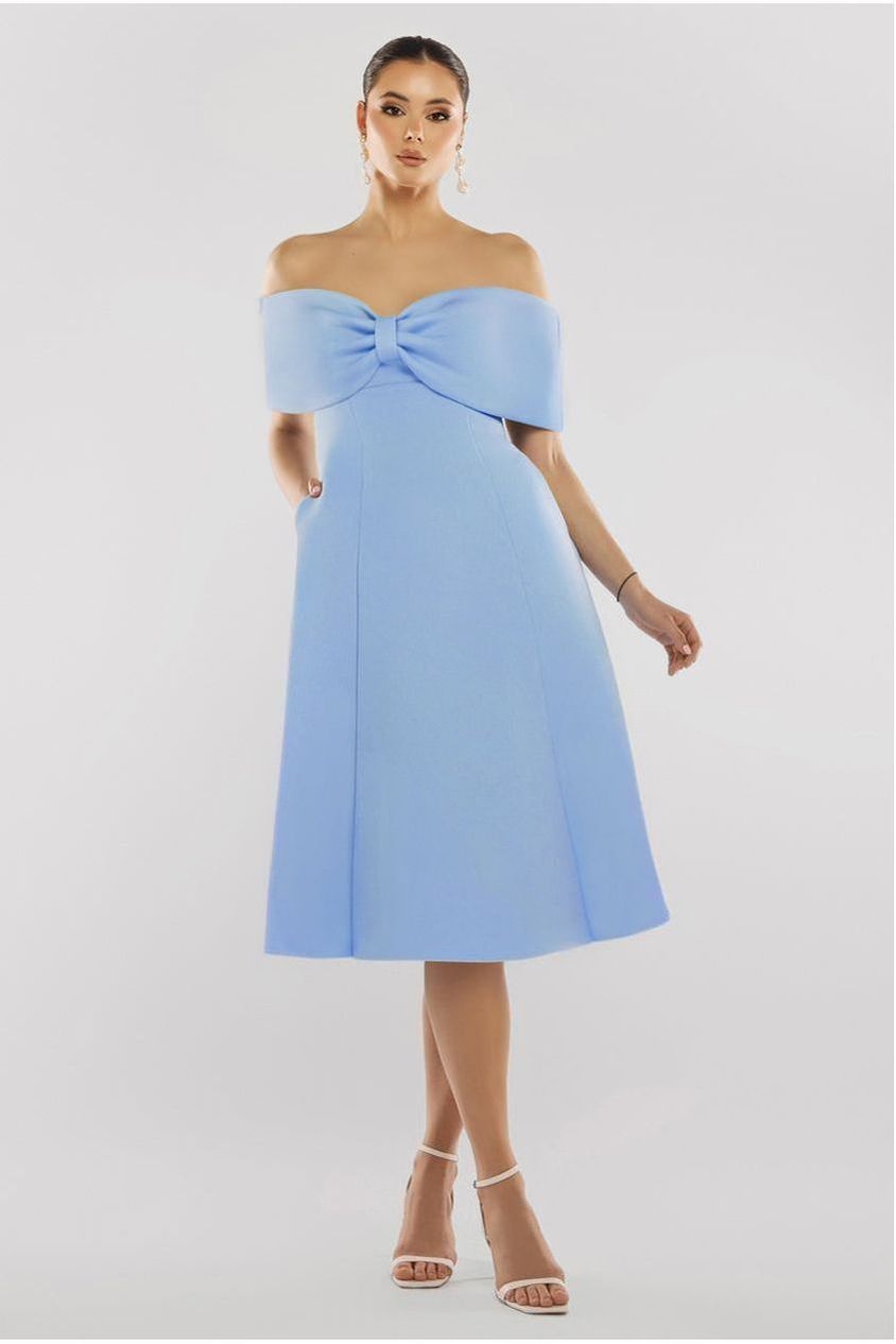Bow Off The Shoulder A Line Midi Dress - Baby Blue by Goddiva